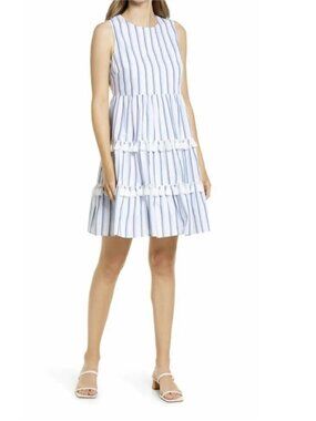 NEW Eliza J White & Blue Stripe Tiered Tassel Cotton Coastal Dress - 8